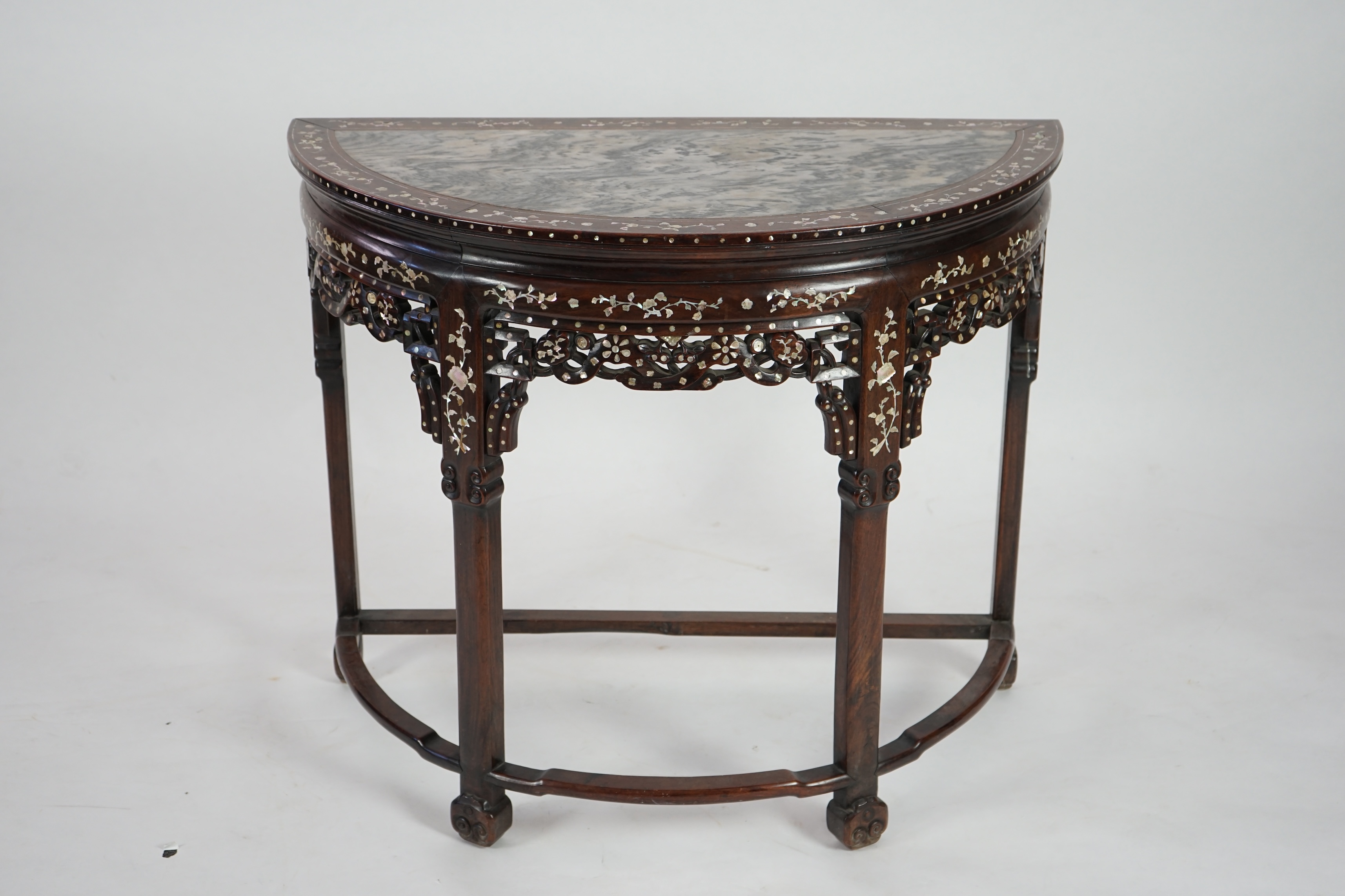 A Chinese hongmu and floral mother of pearl inlaid console table, late 19th/early 20th century